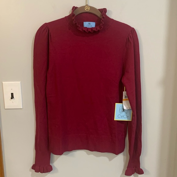 Cece ruffled high-neck lightweight sweater w/ruffled wrist detail NWT Size Small - Picture 1 of 8